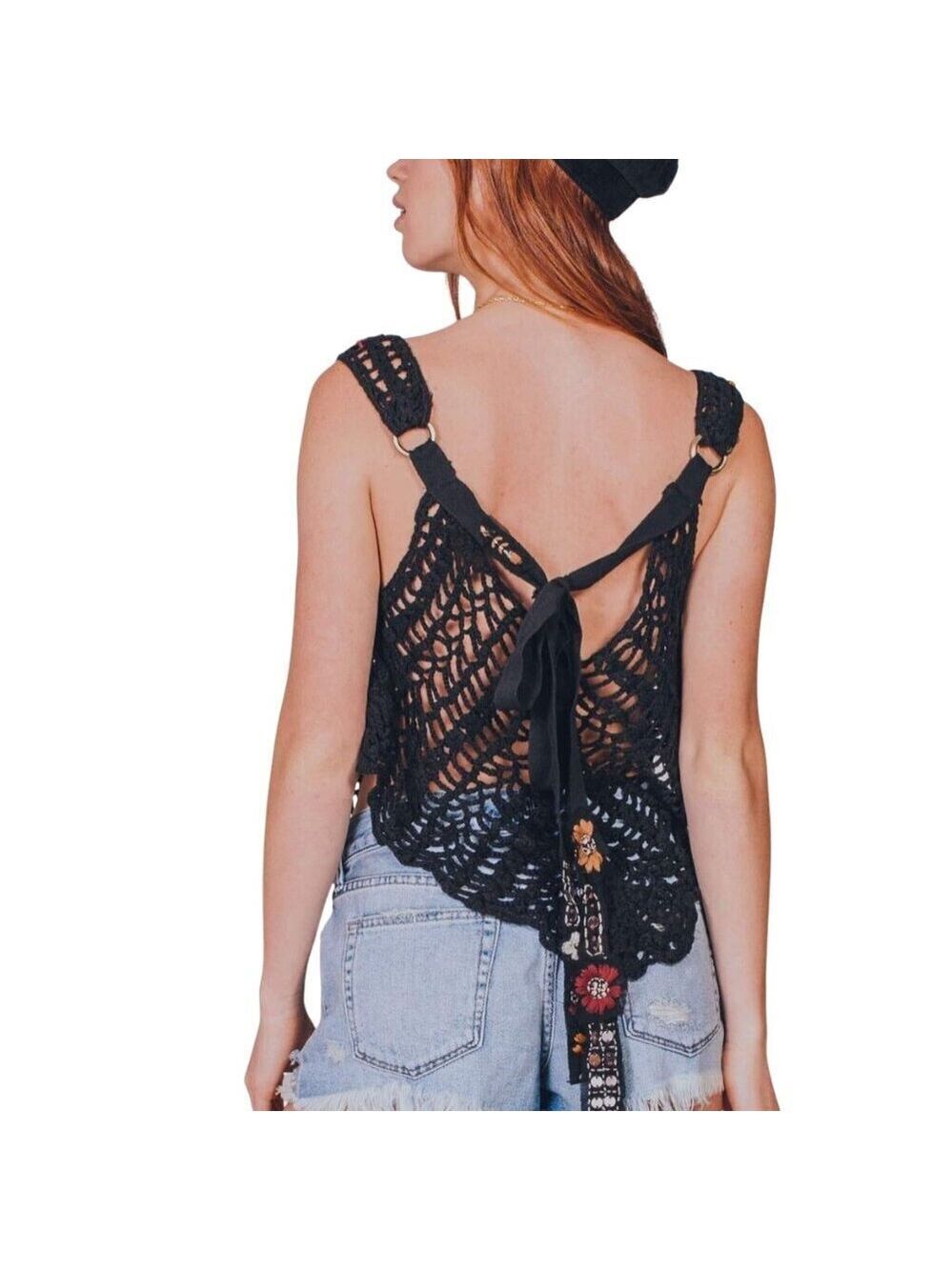 Free People NWT Black Sheer Embroidered Crochet Back Tie Tank Top Size XS - Picture 3 of 13